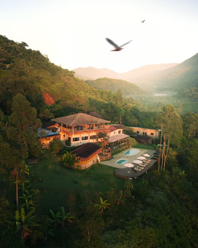 Aerial view of the hotel in the Atlantic Forest at dawn